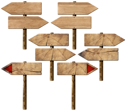 Collection of wooden directional signs with poles and arrows, isolated on white or transparent background, png.