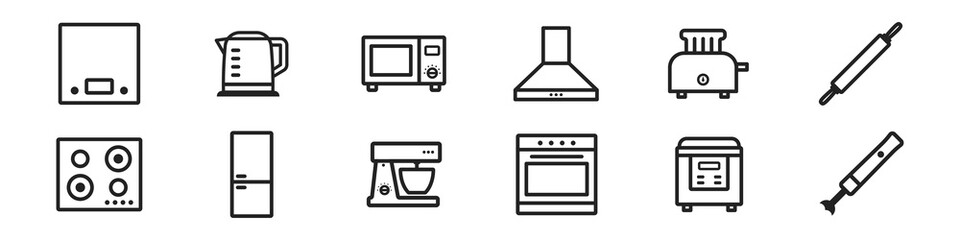 Simple icon set of kitchen appliance. Cooking symbol. Contain such icons as toaster, kettle, kitchen scales, oven etc.