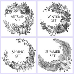 Set of 4 wreaths of the seasons in the style of engraving. Autumn leaves, pumpkin, berries, acorns. Winter spruces, cones, bullfinch. Spring flowers, daffodils, snowdrops. Summer tropical plants, palm