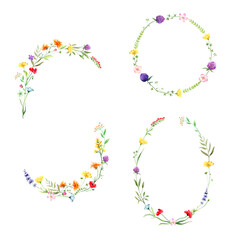 Watercolor set of wreaths of flowers and leaves, isolated on transparent background