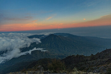 Obraz premium Bali Volcano. Panorama of Bali from Agung volcano at 3030 m altitude at sunrise, Bali, Indonesia