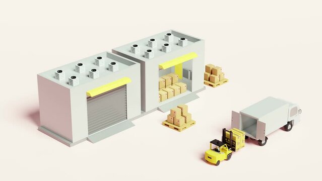 building warehouse with forklift for import export, goods cardboard box, pallet, truck isolated on pink background. logistic service concept, 3d animation, alpha