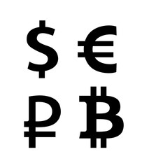 Set of currency symbols - Vector flat icons in black color isolated on white background.