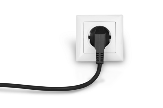 White electrical plug in the electric socket on a wall