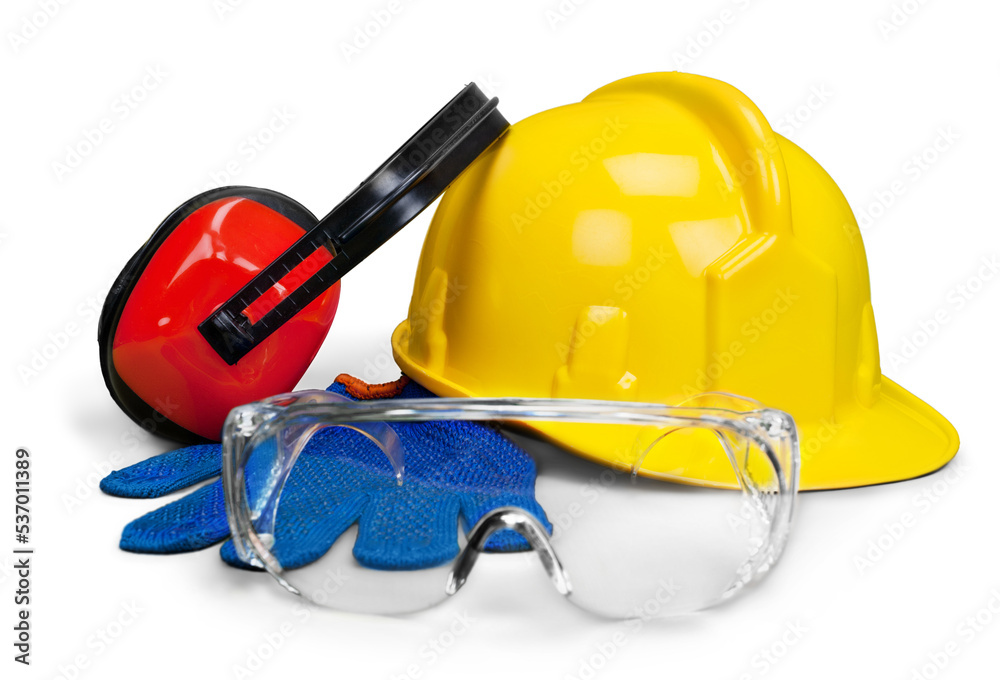 Wall mural safety equipment - hardhat, goggle, gloves and eye protection