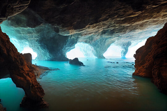 wonderful view of cosmic cave with exotic walls and crystal clear water. 3D rendering