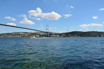 Istanbul city, mosque, bridge, water view, sky and clouds