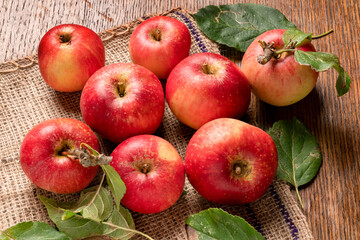 Freshly harvested, delicious ripe organic red devil apples sitting on a wooden table.