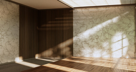 Idea of empty room interior zen style floor wooden on white empty wall.3D rendering