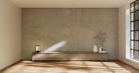 Cabinet room wooden interior wabisabi style.3D rendering