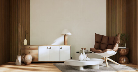 Naklejka na ściany i meble Cabinet room wooden interior wabisabi style.3D rendering