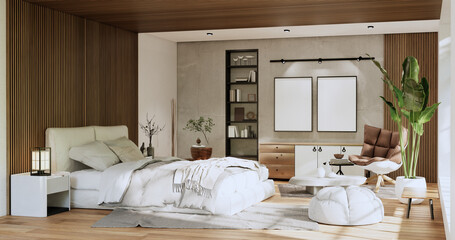 Fototapeta na wymiar Minimalist wabisabi bedroom plant and decoartion in japanese bedroom. 3D rendering.