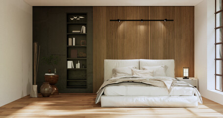 Fototapeta na wymiar Wabi sabi bed and decoartion plants in japanese bedroom. 3D rendering.