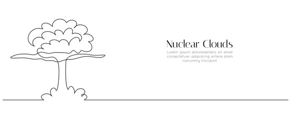 Atomic bomb explosion in one continuous line drawing. Nuclear mushroom cloud symbol of war catastrophe and global apocalypse in simple linear style. Editable stroke. Doodle vector illustration