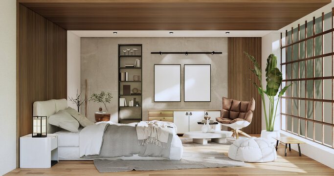 Minimalist Wabisabi Bedroom Plant And Decoartion In Japanese Bedroom. 3D Rendering.