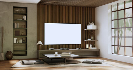 cabinet tv wooden japanese design on room minimal interior.3D rendering