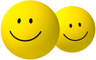 Two yellow round happy 3D emoji symbols icons smiling together, isolated