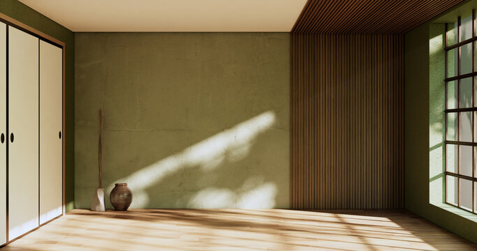 Empty room - green wall on wood floor interior and decorations plants. 3D rendering