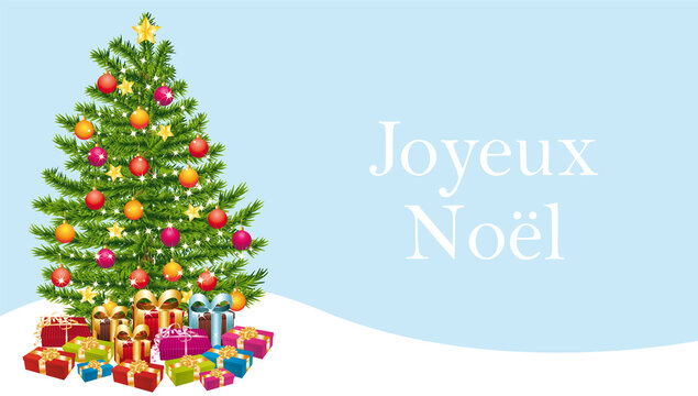 Joyeux no&euml;l. Carte de v&oelig;ux avec sapin de no&euml;l d&eacute;cor&eacute;. Illustration. Texte en fran&ccedil;ais.