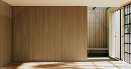 Fototapeta premium Empty room - green wall on wood floor interior and decorations plants. 3D rendering