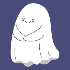 Cute and funny shy ghost. Vector illustration of a blushing fantasy character. Concept of halloween celebration, spooky October holiday.