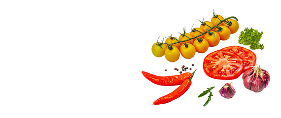 Assorted fresh vegetables and spices isolated on white background. Ingredients for cooking