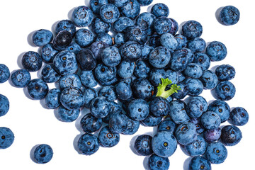 Bowl of ripe blueberries isolated on white background. Fresh fruits, ingredients of healthy food