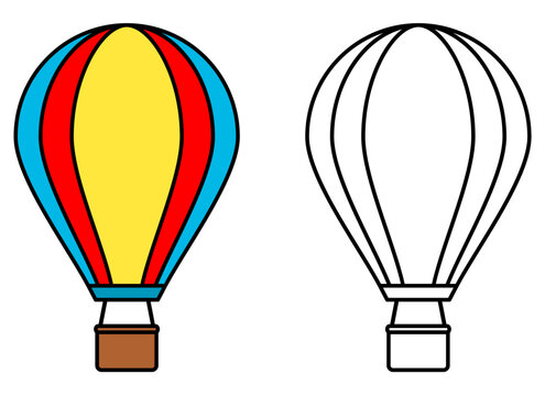 Hot air balloon vector illustration isolated on white background. Coloring book page for children. Colorful and black and white.