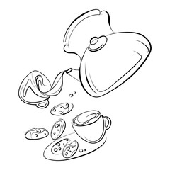 Teapot pouring tea into a cup Line Art drawing black and white vector illustration.Teapot with cups and cookies emblem,logo,print design,cozy cute illustration in outline style.Tea time.Hot drinks