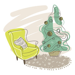 Fashionable cozy armchair and Christmas tree and fluffy carpet, living room fragment color sketch drawing, vector illustration.Christmas living room interior fragment
