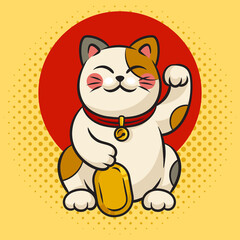 Maneki neko Japanese cat pinup pop art retro raster illustration. Comic book style imitation.