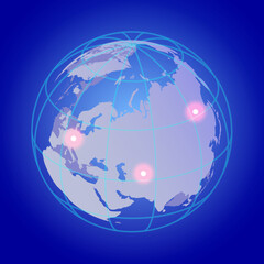 Obraz premium Neon glowing isometric globe on a blue background with red glowing dots. Earth. Vector illustration