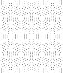 Geometric repeating vector ornament with hexagonal dotted elements. Geometric modern light gray dotted ornament. Seamless abstract modern pattern - obrazy, fototapety, plakaty