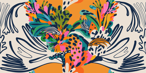 Abstract trendy exotic floral mix pattern. Collage contemporary seamless pattern. Hand drawn cartoon style pattern. Line art ornament. © MURRIRA