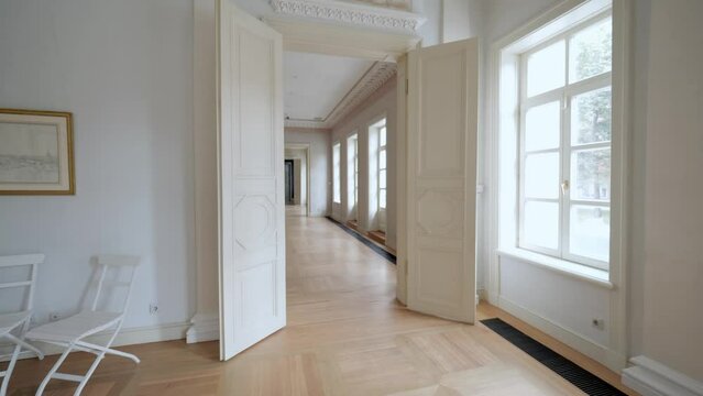 Empty luxury mansion white classic apartment creative ornate with many huge antique windows palace