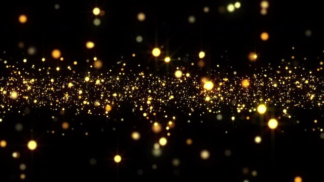 4K Bokeh lights. Glowing particles. Floating defocused light particle. Isolated on black background. Gold color. Xmas backdrop. 2023 New Year. Motion graphics.