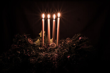four advent candles burning on advent wreath - obrazy, fototapety, plakaty