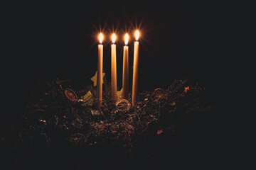 four advent candles burning on advent wreath - obrazy, fototapety, plakaty