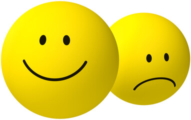 Two yellow round 3D emoji symbols happy and unhappy icons together, isolated
