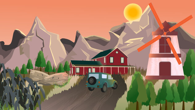 Vector illustration of carmine color frame house surrounded by myrtle green color crops and farmland.piggy pink color windmill near the house rosy brown mountain  and dark salmon sunset on background.