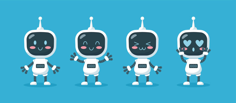 Cute cartoon robot set, cheerful android character - flat vector illustration isolated on blue background.