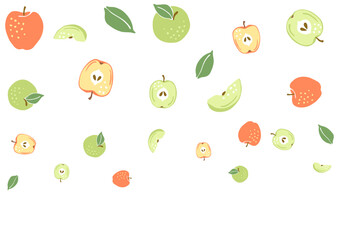 Background with ripe apples. Decorative fruits and leaves.