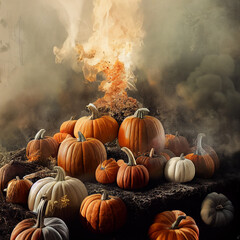 Carved pumpkins in dark forest. Spooky concept.Digital art