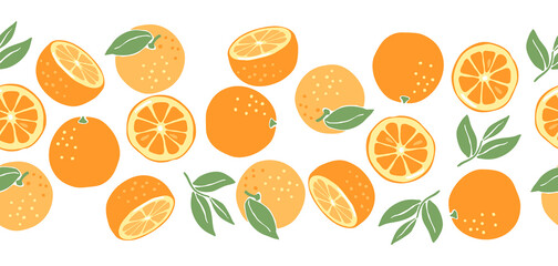 Seamless pattern with ripe oranges. Decorative fruits and leaves.