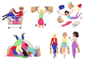 Shopaholics carry shopping bags and buy many things, flat vector isolated.