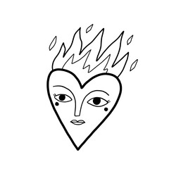 Heart with a human face in boho style. Mystical illustration isolated on white background.