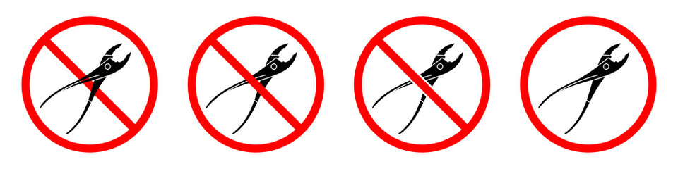Pliers ban sign. Pliers is forbidden. Set of red prohibition signs of pliers. Vector illustration