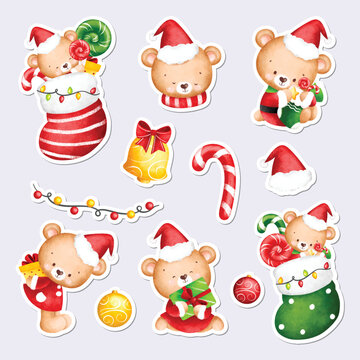 Watercolor illustration printable Christmas stickers