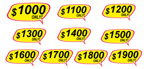 Discount sticker Template with 1000, 1100, 1200, 1300, 1400, 1500, 1600, 1700, 1800, 1900, only. Vector template design, Sale, price tag illustration