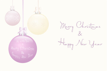 Greeting card for New Year, Merry Christmas and winter holidays. Christmas tree balls hang on ribbons with a bows on a pastel background. Xmas Vector illustration usable as banner, flyer, gift package